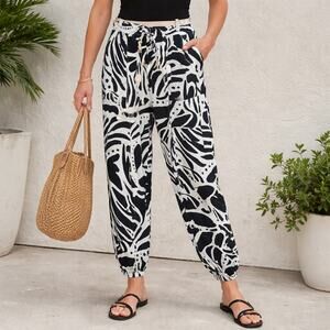 Christian Siriano Pants M Black White Abstract Linen Rayon Cargo Jogger Pocketed